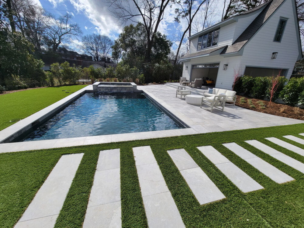 Close-up of Savannah Gray pool coping texture by Noda Stone Inc. contact Us